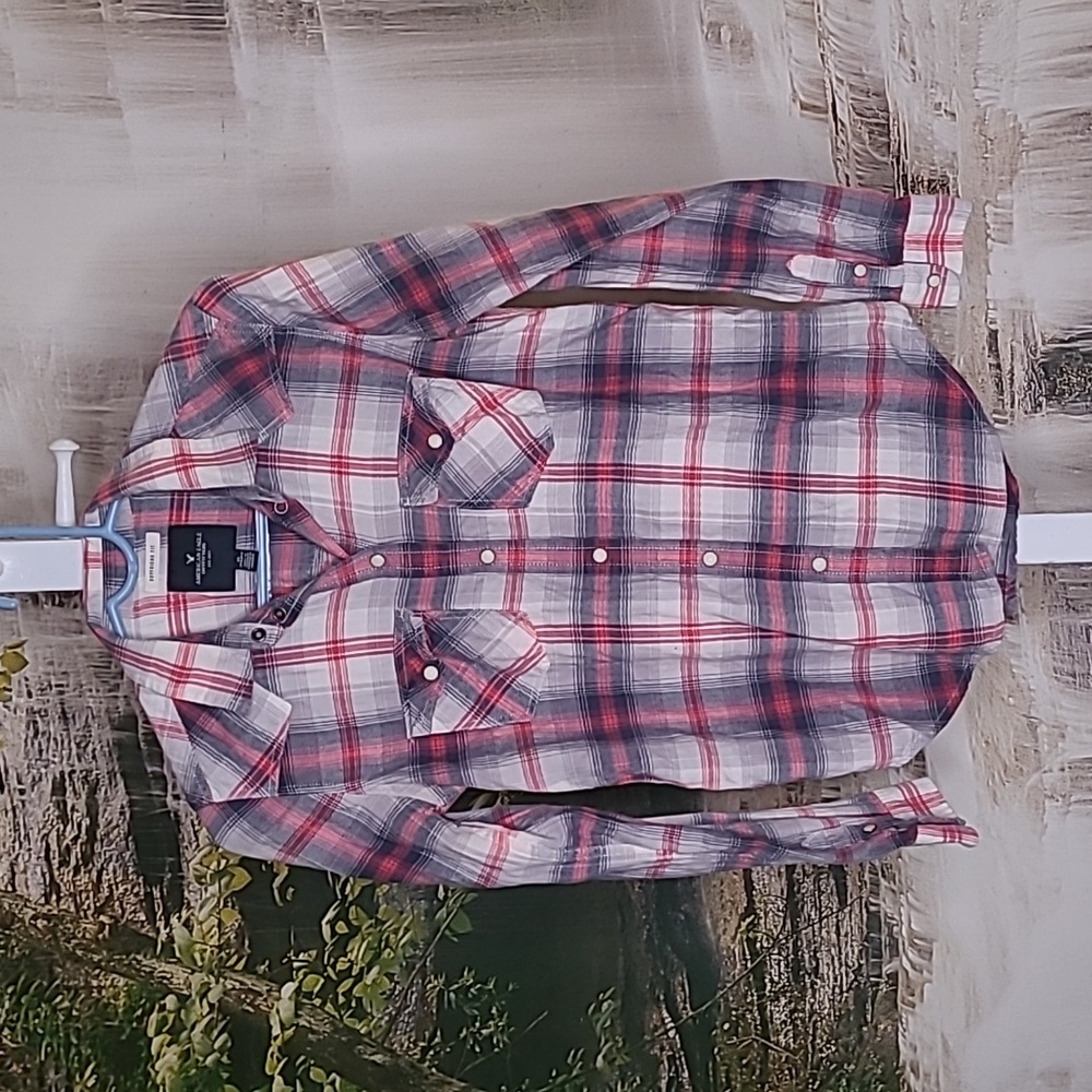 American Eagle Boyfriend Fit Womens XS classic western plaid long sleeve shirt